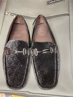 Black Velvet Bit Loafers with Embossed Pattern